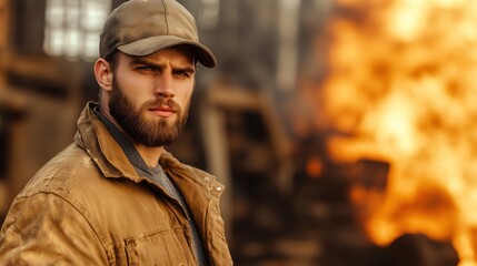 man with a beard and a cap stands with a strong expression as flames blaze in the background. He wears a brown jacket, highlighting his rugged appearance against the chaotic scene