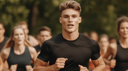 Fototapeta premium group of young athletes is running together in an outdoor setting, displaying determination and focus during a competitive race