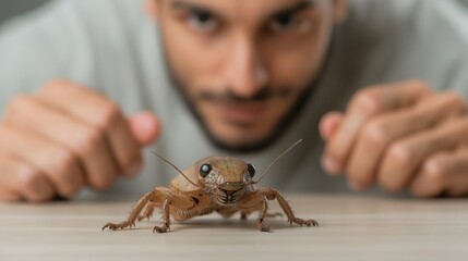 man leans forward, studying a large cricket on a smooth surface with keen interest. focus on the insect highlights its details in a well-lit indoor environment