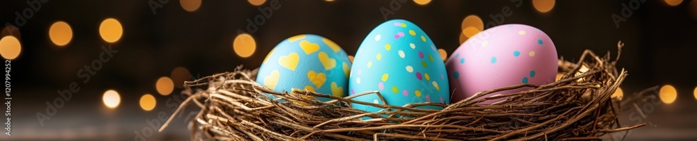 Aufkleber colorful easter eggs nestled in a natural nest with soft bokeh lights in the background during sprin