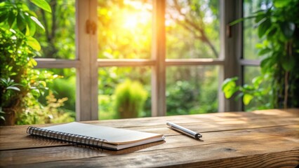 Serene Workspace Blank Spiral Notebook and Pen Resting on Wooden Table Near Sunlit Window with Lush Greenery