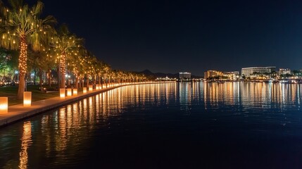 Fototapeta premium Nighttime Cityscape with Illuminated Palm Trees and Lake Reflection