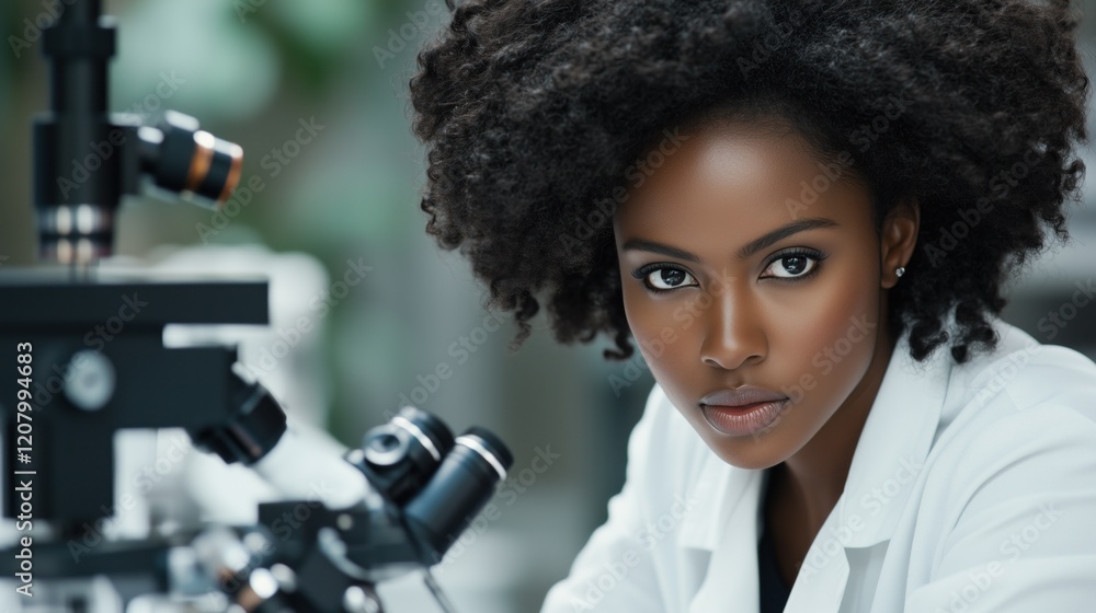 Poster in a modern laboratory, a scientist with natural curls intently analyzes information using a microsc