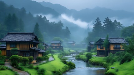 Obraz premium Misty Mountain Village Houses and Stream