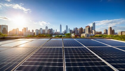 urban rooftop solar panels with city skyline in bright daylight