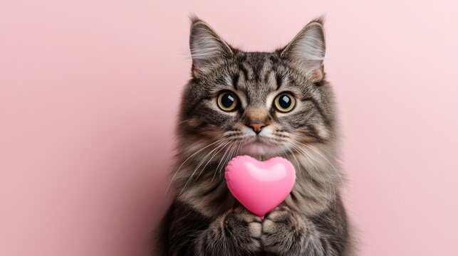 Cat holding heart shaped balloon on pink isolated background, AI generated