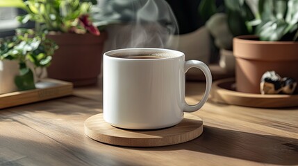 A bright white mug with steam rising, placed on a wooden coaster