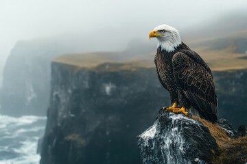 Fototapeta premium Majestic bald eagle perched on a cliff overlooking a stormy ocean, a breathtaking sight.