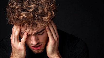 young man with curly hair holds his head in his hands, conveying feelings of stress and frustration in a dimly lit environment, creating a somber and intense atmosphere