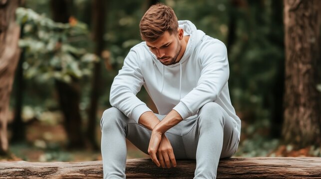 young man dressed in a light hoodie and sweatpants sits on a log surrounded by lush greenery, lost in thought as he contemplates his feelings in natures tranquility