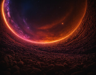 Abstract of Red Planet Surface with Starry Sky | Abstract Landscape with Cosmic Horizon | Alien World with Red Sky
