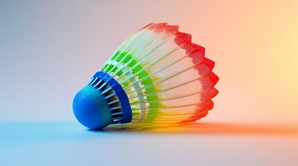 A brightly colored badminton shuttlecock resting on a neutral surface