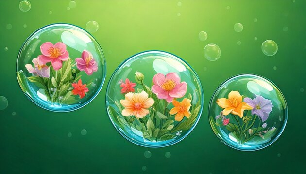 Generated image : trois bulles de savon contenant des fleurs