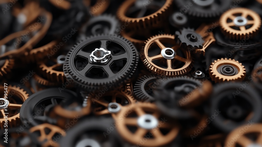 Poster collection of black and bronze gears and cogs is displayed, showcasing intricate designs and mechani