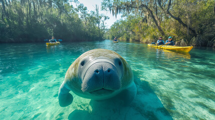Manatees and Kayakers: A wide-angle shot of manatees swimming near a group of kayakers observing them respectfully, set in a calm, sunlit river surrounded by lush greenery.