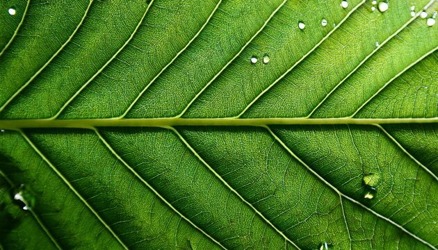 vibrant green leaf texture zoomed in showcasing the intricate veins and droplets of water the composition emphasizes the lushness of nature embodying the essence of sustainability and organic life