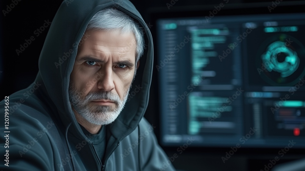 Poster focused hacker sits in a dimly lit room, wearing a hooded sweatshirt. computer screens display strea