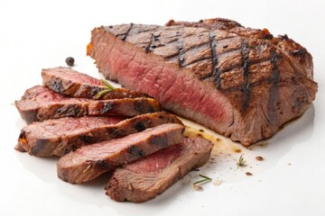 Close-up shot of a juicy grilled steak cut into thin slices, refined dining, sliced steak, tender meat, gourmet steak