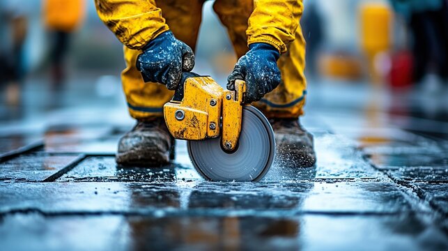 Worker cuts tile with saw on city street during construction