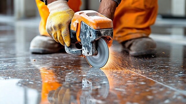 Worker cutting marble tile with grinder indoors during construction