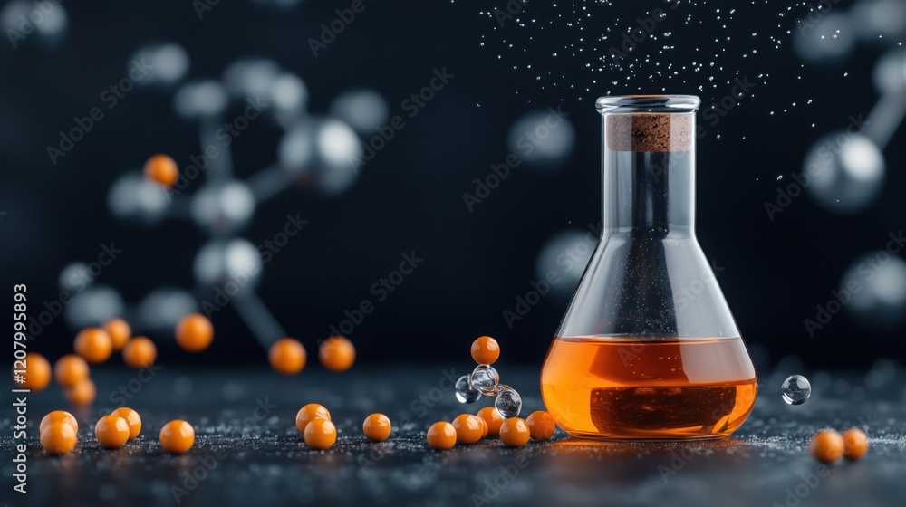 Poster laboratory flask holds vibrant orange liquid on a table, surrounded by small orange spheres and spar