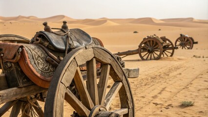 Obraz premium Close-up of wooden wheels and leather saddles on a caravan in the Sahara desert, Sahara desert, caravan, travel, natural fibers, wooden wheels