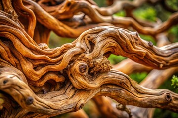 Close-up of wooden tree branch with intricate knots and gnarled texture, wooden branches, wilderness landscape