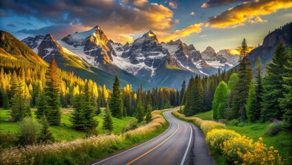 Scenic Winding Road Through a Mountain Valley at Sunset