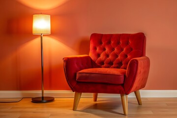 Retro Armchair and Glowing Lamp in Minimalist Living Room Interior. generative AI