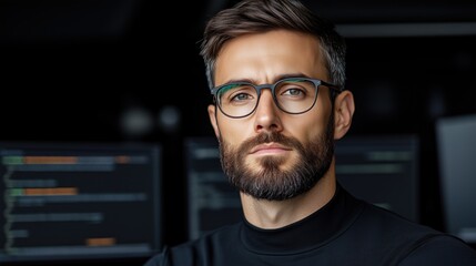 Obraz premium confident man with a well-groomed beard and glasses stands in a sleek office environment
