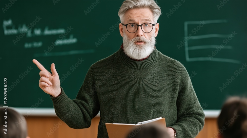 Poster knowledgeable educator with a beard and glasses engages a group of attentive students in a classroom