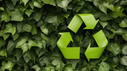 Bright green recycling symbol blends harmoniously with vibrant ivy leaves, highlighting the importance of sustainability and environmental awareness in nature