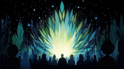 Nighttime Gathering Before Luminescent Flora Display