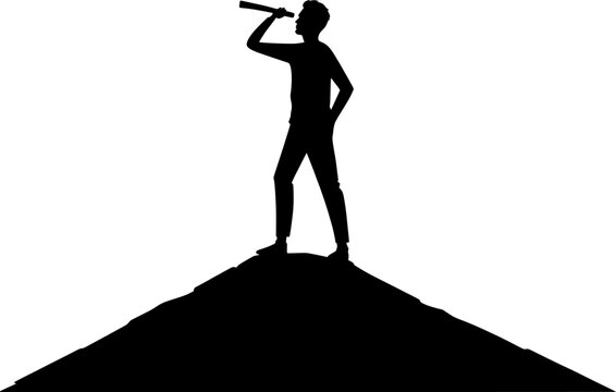 Vektor Silhouette K&ouml;rper - Mann steht auf einem H&uuml;gel und sucht mit einem Fernrohr
