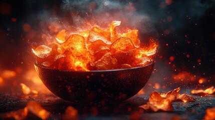 Flaming potato chips in a dark bowl, with sparks and smoke.
