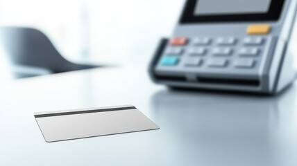 Banking automation efficiency security concept. Payment card resting on a table near a card reader device.