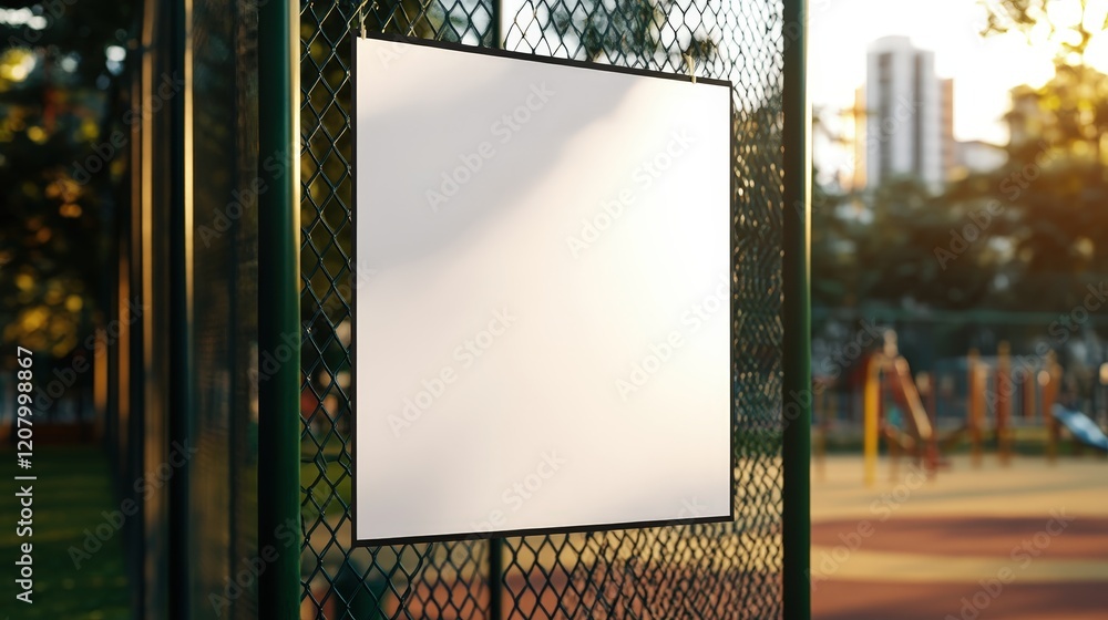 Poster empty blank sign mounted on wooden fence surrounded by lush greenery in tranquil park setting inviti