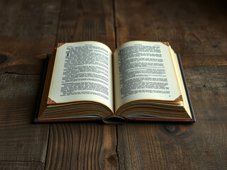 Obraz premium Close-up of an open book on a textured wooden table, relax, wood texture, literature, novel