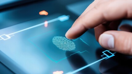 Banking automation efficiency security concept. Futuristic finger scanning a digital fingerprint on a touchscreen interface.