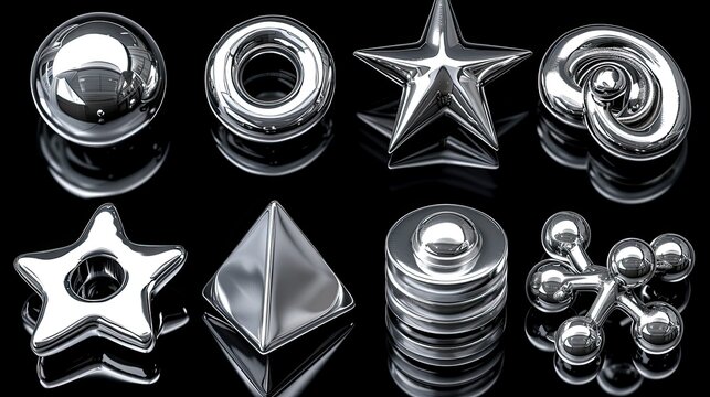 A collection of shiny, metallic geometric shapes on a reflective surface.