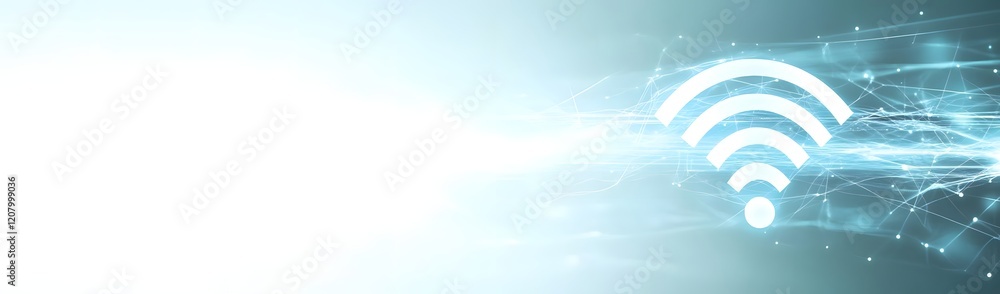 Poster abstract digital background featuring a wi-fi symbol and flowing light effects.