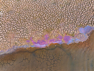 Chemical wastes close up. Dry and cracked ground background. Global warming and climate change....