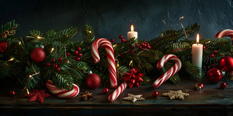 Festive christmas still life featuring candy canes, candles, ornaments, and garland on a rustic...