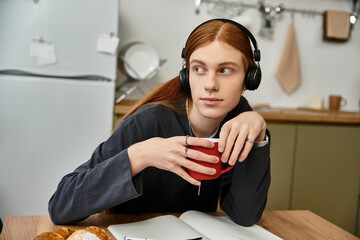 Casually dressed young man with long hair relaxes in his apartment while sipping coffee.