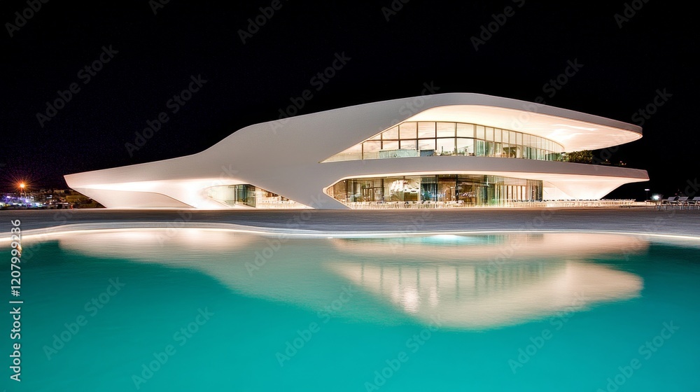 Poster nighttime modern architecture reflecting in pool