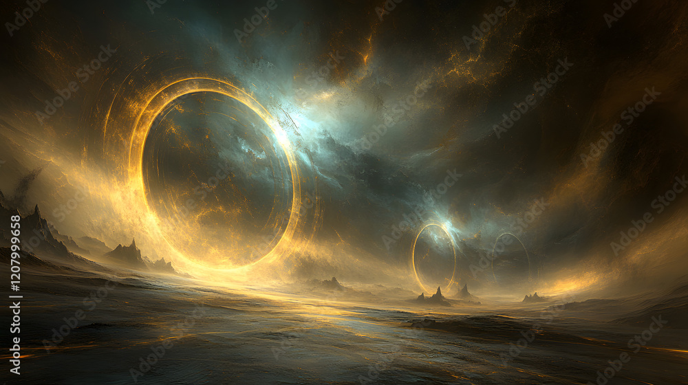 Poster a glowing field of energy representing the bending of space-time, with abstract patterns and radiant