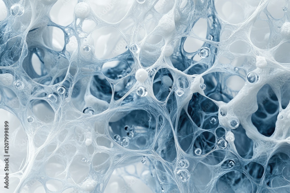 Poster intricate network of interconnected strands and spheres, resembling a complex biological structure o