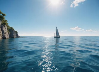Obraz premium Clear blue sea water with a sailboat in the distance, ocean landscape, nautical scene