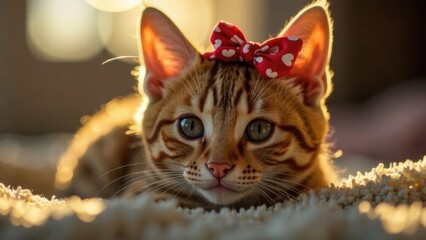 kitten with a hairpin with hearts