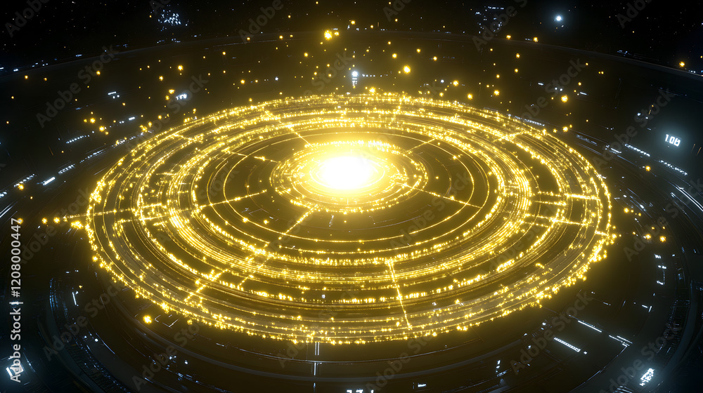Poster a glowing field of energy representing the bending of space-time, with abstract patterns and radiant
